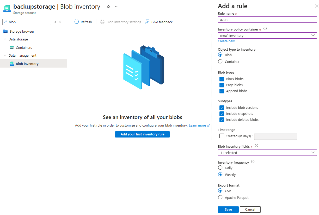 Azure Blob Inventory Setup Interface